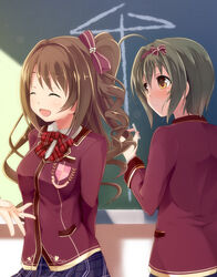  2girls :d ^_^ ahoge ai_ai_gasa black_hair blazer blush brown_eyes brown_hair chalk closed_eyes commentary_request idolmaster idolmaster_cinderella_girls idolmaster_cinderella_girls_starlight_stage jacket kohinata_miho long_hair love_letter_(idolmaster) multiple_girls one_side_up open_mouth photoshop_(medium) sch school_uniform shimamura_uzuki short_hair smile 