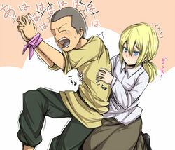  1boy blonde_hair blue_eyes blush bondage bondage bound bound_wrists commentary_request connie_springer dress female inaba-no-kuni-tottori krista_lenz open_mouth pants shingeki_no_kyojin shirt short_hair straight tickling tickling_sides translated 