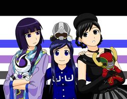  3girls bad_id bad_pixiv_id beret black_dress black_hair blue_eyes blue_hair blunt_bangs character_doll commentary_request crossed_arms dress elbow_gloves gamel gloves grey_eyes grin hands_on_another&#039;s_shoulders hat heart_(kamen_rider_drive) height_difference kamen_rider kamen_rider_drive_(series) kamen_rider_ooo_(series) kamen_rider_wizard_(series) long_hair medic_(kamen_rider_drive) medusa_(kamen_rider_wizard) mezul multiple_girls redol roidmude shawl short_hair smile wide_sleeves wiseman_(kamen_rider_wizard) 