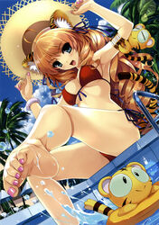  absurdres animal_ears armpits barefoot bikini blonde_hair blue_eyes breasts chair cleavage cloud cradle_(circle) day dutch_angle feet female foot_focus foreshortening front-tie_top hat highres kotora_(toranoana) long_hair lounge_chair medium_breasts misaki_kurehito nail_polish original outdoors palm_tree photoshop_(medium) pool pool_ladder poolside side-tie_bikini_bottom solo splashing straw_hat string_bikini swimsuit tail tiger tiger_ears tiger_tail toenail_polish toenails toes toranoana tree underboob very_long_hair water 