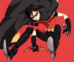  1boy batman batman_(series) belt black_hair cape dc_comics dick_grayson doudoude_dou gloves male_focus mask robin_(dc) short_hair simple_background solo weapon young_justice 