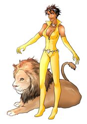  belt black_hair bodysuit breasts brown_eyes cleavage dark_skin dc_comics earrings elbow_gloves female full_body gloves jewelry lion mari_jiwe_mccabe necklace petri short_hair simple_background sleeveless smile solo standing vixen_(dc) white_background 