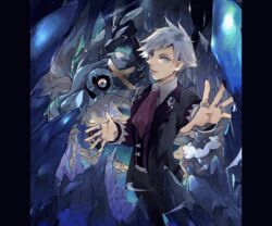  1boy ascot awai_(pixiv29777040) beldum blue_eyes carbink cave collared_shirt commentary_request cowboy_shot crystal fisheye floating formal grey_hair hands_up holding holding_poke_ball jacket jewelry light_smile long_sleeves looking_at_viewer male_focus metagross one-eyed open_clothes open_jacket outstretched_arm outstretched_hand pants parted_lips pillarboxed poke_ball pokemon pokemon_(creature) pokemon_(game) red_ascot red_eyes ring shirt short_hair standing steven_stone suit suit_jacket ultra_ball vest wing_collar 