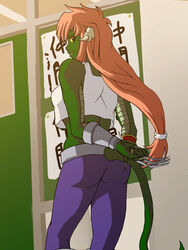  alien arms_behind back claws crop_top gauntlets green_skin horns level_e long_hair looking_back monster_girl orange_hair oshiri pants pink_hair smile tachibana_(level_e) tail tank_top weapon yellow_eyes 