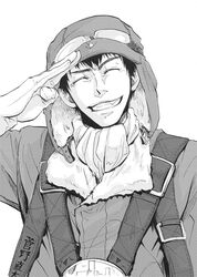  1boy al_toyonao closed_eyes commentary_request drifters gloves goggles greyscale grin hat jacket kanno_naoshi_(drifters) male_focus monochrome salute scarf smile solo 