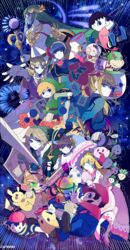  4girls 6+boys animal_crossing armband armlet artist_name baseball_cap blonde_hair blue_eyes blue_hair blue_pikmin bow_(weapon) bowser_jr. butterfly_net capelet commentary_request crown dress earrings facial_hair fire_emblem food fox_mccloud galaxia_(sword) game_&amp;_watch gloves gun hair_ornament hand_net hat high_heels highres holding holding_sword holding_weapon jewelry jigglypuff junior_clown_car kid_icarus kirby kirby_(series) left-handed liarhatter link looking_at_viewer luma_(mario) mario mario_(series) marth_(fire_emblem) mask meta_knight metroid mother_(game) mother_2 moustache mr._game_&amp;_watch multiple_boys multiple_girls necklace ness_(mother_2) olimar outstretched_arm overalls palutena parasol pikachu pikmin_(creature) pikmin_(series) pit_(kid_icarus) pokemon pokemon_(creature) ponytail princess_peach princess_zelda red_pikmin rosalina samus_aran shield shoulder_pads sidelocks smash_ball solid_oval_eyes staff star_(symbol) star_fox star_wand super_mario_galaxy super_smash_bros. sword the_legend_of_zelda the_legend_of_zelda:_the_wind_waker the_legend_of_zelda:_twilight_princess tiara toon_link turnip turnip_(mario) umbrella vegetable villager_(animal_crossing) wand weapon white_gloves wings yellow_pikmin zero_suit 