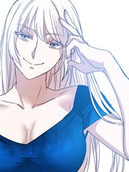  blue_eyes blue_shirt breasts cleavage closed_mouth collarbone colored_eyelashes commentary_request female hand_on_own_head hand_up head_tilt jormungand_(manga) koko_hekmatyar long_hair looking_at_viewer pale_skin shirt smile solo t-shirt taneko_(motitto092) white_hair 