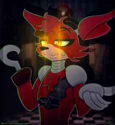  2017 absurd_res animatronic anthro canid canine circuit eye_patch eyewear fangs five_nights_at_freddy&#039;s fox foxy_(fnaf) gesture glowing glowing_eyes hi_res hook machine male mammal patreon patreon_logo portrait robot scottgames shrug smaller_version_at_source solo teeth text unimpressed url vrabo 