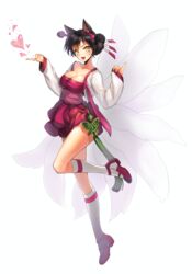  ahri_(league_of_legends) alternate_hairstyle animal_ears black_hair breasts cleavage collarbone dynasty_ahri facial_mark female fox_ears fox_tail hair_bun hair_ornament hair_stick highres korean_clothes large_breasts league_of_legends long_sleeves multiple_tails official_alternate_costume short_hair simple_background single_hair_bun smile solo tail whisker_markings white_background yellow_eyes 