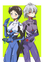  2girls ass_visible_through_thighs bad_id bad_pixiv_id blush brown_hair cassette_player evangelion:_2.0_you_can_(not)_advance genderswap_(mtf) ikari_shinji interface_headset multiple_girls nagisa_kaworu neon_genesis_evangelion photoshop_(medium) plugsuit rebuild_of_evangelion red_eyes rule_63 shin-chan_(evangelion) short_hair smile white_hair zonana 