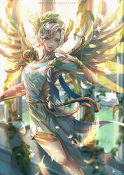  alternate_costume blonde_hair blue_eyes bracelet breasts commentary dappled_sunlight dress english_commentary feathered_wings feathers female flying greece head_wreath high_ponytail jewelry laurel_crown lips looking_at_viewer making_of mechanical_wings medium_breasts mercy_(overwatch) overwatch parted_lips pink_lips short_sleeves solo sunlight the_cecile toga watermark web_address white_dress winged_victory_mercy wings 