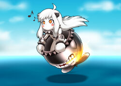  abyssal_ship ahoge blue_sky blush cloud colored_skin commentary_request day dress eighth_note female horizon horns kantai_collection koopa_clown_car long_hair mario_(series) meme mittens motion_lines musical_note no_mouth northern_ocean_princess ocean orange_eyes outdoors parody riding shadow shan_grila sky solo sunlight super_mario_world waterskiing_(meme) white_dress white_hair white_skin 