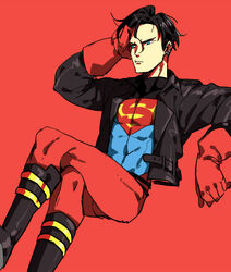  1boy batman black_hair blue_eyes bodysuit boots dc_comics doudoude_dou earrings gloves jacket jewelry kon-el legs_crossed male_focus s_shield short_hair simple_background solo superboy superman 