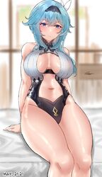  aliasing black_hairband black_leotard blue_hair blush breasts center_opening cleavage eula_(genshin_impact) female genm7 genshin_impact hair_ornament hairband highleg highleg_leotard large_breasts leotard looking_at_viewer medium_hair navel purple_eyes sidelocks sitting solo thighs 