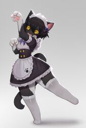  alternative_fashion anthro black_body black_fur black_hair claws clothing domestic_cat felid feline felis female female_anthro fur hair hi_res j-fashion kemono maid_uniform mammal on_one_leg pawpads soda_uyu solo standing uniform white_body white_fur yellow_eyes 