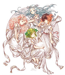  4girls agate_(tongari_boushi_no_atelier) aqua_hair belt blue_eyes brown_eyes brown_hair coco_(tongari_boushi_no_atelier) commentary dress flower green_eyes green_hair hair_flower hair_ornament headdress highres leaf long_hair multiple_girls official_art ribbon riche_(tongari_boushi_no_atelier) seasons shirahama_kamome short_hair signature simple_background tethia_(tongari_boushi_no_atelier) tongari_boushi_no_atelier two_side_up very_long_hair white_background wreath 