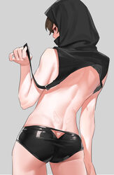  1boy arm_at_side ass ass_cutout back_tattoo black_shorts brown_hair clothing_cutout commentary_request covered_mouth cowboy_shot from_behind granblue_fantasy grey_background hand_up holding hood hood_up latex latex_legwear looking_at_viewer looking_back male_focus no_pants profile red_eyes sandalphon_(granblue_fantasy) shorts simple_background skin_tight solo tattoo tekki_(tki) topless_male underwear underwear_only wing_tattoo 