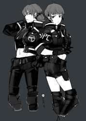  2girls belt_pouch breast_pocket clothes_writing commentary_request cropped_legs freckles frown gloves greyscale hair_ornament hair_scrunchie hand_on_own_face hibitono holster jacket knee_pads long_sleeves looking_at_viewer midriff monochrome multiple_girls navel open_clothes open_jacket pants pocket police police_uniform pouch profile psycho-pass scrunchie shimotsuki_mika short_hair shorts side_ponytail sidelocks simple_background sleeves_rolled_up tsunemori_akane uniform unzipped zipper 