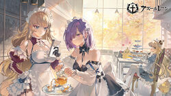  +_+ 3girls apron azur_lane bare_shoulders black_dress black_gloves blonde_hair blue_dress blue_eyes crossed_legs crown cup curly_hair detached_collar detached_sleeves dress glass_teacup glass_teapot glint gloves hair_over_one_eye hand_on_own_hip hanging_light headdress heart high_heels highres holding holding_cup holding_notebook holding_teapot howe_(azur_lane) howe_(pastry_princess)_(azur_lane) indoors juliet_sleeves loading_screen long_hair long_sleeves maid maid_apron maid_headdress manjuu_(azur_lane) medium_hair multiple_girls notebook official_alternate_costume official_art okku penelope_(azur_lane) penelope_(salty_maid)_(azur_lane) pouring puffy_sleeves purple_hair queen_elizabeth_(azur_lane) queen_elizabeth_(yes_your_maidness!)_(azur_lane) sitting standing strapless strapless_dress tea tea_set teapot thighhighs tiered_tray tray very_long_hair white_apron white_thighhighs 