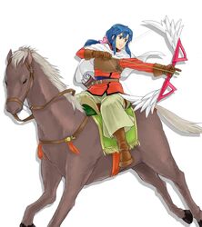  archery arrow_(projectile) belt blue_eyes blue_hair boots bow bow_(weapon) cape commentary_request feathers female gloves horse horseback_archery horseback_riding long_hair low_ponytail nera_(vestaria_saga) quiver r_n riding solo vestaria_saga weapon white_background 