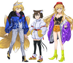  3girls adapted_costume alternate_costume animal_ear_fluff animal_ear_piercing animal_ears belt black_footwear black_jacket black_stripes blonde_hair blue_jacket boots bra brown_eyes cat_ears chen contemporary down_jacket drip_(meme) fox_ears fox_tail hair_ribbon hat high_heels highres jacket jichou_senshi kitsune lace lace-trimmed_bra lace_trim long_hair meme midriff_peek multi-tied_hair multicolored_clothes multicolored_footwear multiple_girls multiple_tails orange_shorts pants purple_jacket purple_sweater red_belt red_headwear red_ribbon ribbon shoes short_hair shorts sneakers striped_clothes striped_pants sweater tail thighhighs touhou turtleneck turtleneck_sweater underwear white_pants yakumo_ran yakumo_yukari yellow_eyes yellow_footwear 