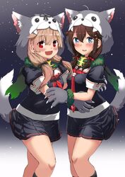  2girls ahoge bat_(animal) black_serafuku black_shirt black_skirt blonde_hair blue_eyes blush brown_hair commentary_request gouta_(nagishiro6624) green_scarf hair_between_eyes hair_flaps hair_ribbon highres hug kantai_collection knee_up looking_at_viewer low_twintails multiple_girls neckerchief night night_sky oerba_yun_fang open_mouth plaid plaid_skirt red_eyes red_neckerchief ribbon sailor_collar scarf school_uniform serafuku shigure_(kancolle) shigure_kai_ni_(kancolle) shirt short_sleeves skirt sky tail twintails wolf_hood wolf_paws wolf_tail yuudachi_(halloween_mode)_(kancolle) yuudachi_(kancolle) yuudachi_kai_ni_(kancolle) 