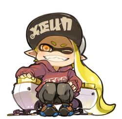  autobomb_(splatoon) bad_id bad_twitter_id blonde_hair female hat hood hoodie inkling inkling_girl inkling_player_character leggings long_hair looking_at_viewer mask mota one_eye_closed pants pointy_ears simple_background smile solo splatoon_(series) splatoon_2 teeth tentacle_hair white_background 