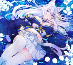  animal_ear_fluff animal_ears azur_lane bare_shoulders blue_butterfly blush breasts bug butterfly cleavage commentary_request female fox_ears grey_hair hair_ornament highres japanese_clothes kimono kitsune large_breasts long_hair looking_at_viewer multiple_tails off_shoulder purple_eyes shichijou_natori shinano_(azur_lane) skirt skirt_under_kimono solo tail thighhighs white_skirt white_thighhighs 