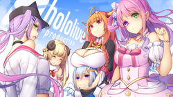  5girls ^_^ ahoge amane_kanata amane_kanata_(1st_costume) animal_hat bare_shoulders black_choker black_headwear blonde_hair blue_eyes blue_hair blush braid breast_rest breasts breasts_on_head cat_hat choker cleavage closed_eyes commentary_request copyright_name curled_horns dragon_girl dragon_horns green_eyes hat heterochromia highres himemori_luna himemori_luna_(1st_costume) holoforce hololive horns kiryu_coco kiryu_coco_(1st_costume) large_breasts long_hair looking_at_viewer medium_breasts multiple_girls open_mouth orange_hair pink_hair pointy_ears purple_eyes purple_hair sheep_girl sheep_horns single_braid smile tatapopo tokoyami_towa tokoyami_towa_(1st_costume) tsunomaki_watame tsunomaki_watame_(1st_costume) twintails virtual_youtuber 