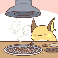  1:1 2019 :3 brown_ears brown_hands cooking food fur generation_1_pokemon grill holding_object holding_tongs holding_tool low_res meat nintendo orange_body orange_fur pink_background plate pokemon pokemon_(species) raichu rairai-no26-chu sausage simple_background solo steam tongs tools vacuum white_background white_body white_fur yellow_body yellow_ears yellow_fur yellow_inner_ear 