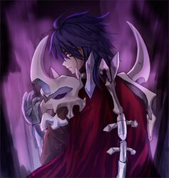  1boy 823/natalia armor aura cape closed_mouth commentary_request gauntlets highres looking_at_viewer looking_back male_focus medium_hair purple_eyes purple_hair ragnarok_online red_cape signature solo thanatos_(ragnarok_online) upper_body 