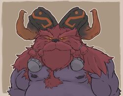  &gt;:( 2_horns anthro areola arm_tuft armpit_hair armpit_tuft beard belly black_areola black_body black_horn black_nipples black_nose black_skin body_hair border bovid bovid_horn bragotiger braided_beard braided_mustache broad_shoulders brown_background burly caprine caprine_horn chest_hair chest_tuft closed_frown curled_horn dark_body dark_horn dark_nose dark_skin demigod eyebrows facial_hair fur furrowed_brow glowing glowing_eyes grumpy half-closed_eyes half-length_portrait hi_res horn horn_markings league_of_legends male mammal manly markings mature_anthro mature_male moobs moustache multicolored_horn muscular muscular_arms narrowed_eyebrows narrowed_eyes nipples no_pupils orange_border ornn_(lol) outline overweight overweight_anthro overweight_male portrait ram_horn red_armpit_hair red_body red_eyebrows red_eyes red_fur red_horn red_sclera riot_games sharp_horn shoulder_tuft simple_background slightly_chubby slightly_chubby_anthro slightly_chubby_male solo stocky tencent thick_eyebrows tuft two_tone_horn white_outline 