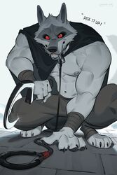  anthro bottomwear canid canine canis canyne_khai clothing collar death_(puss_in_boots) dialogue english_text grey_body hi_res leash looking_at_viewer male mammal muscular muscular_male pants puss_in_boots_the_last_wish red_eyes shirtless shirtless_anthro shirtless_male solo tail talking_to_viewer text weapon wolf 