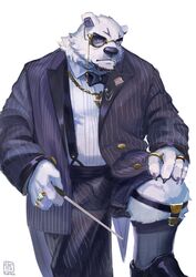  anthro bear borealis_(live_a_hero) bow_tie clothing conducting_baton eyewear footwear frown fur garter_belt garter_belt_socks garter_straps hi_res itohiro0305 lifewonders live_a_hero male mammal monocle pinstripes polar_bear ring showing_leg socks solo suit suspenders ursine white_body white_fur 