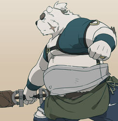  2019 anthro armor bear belly fur humanoid_hands male mammal osansyoup overweight overweight_anthro overweight_male polar_bear scar simple_background solo ursine weapon white_body white_fur 