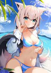  absurdres ahoge animal_ear_fluff animal_ears beach bikini blue_bikini blush braid breasts cleavage cloud cloudy_sky commentary_request day double_fox_shadow_puppet dutch_angle female fox_ears fox_girl fox_shadow_puppet fox_tail green_eyes hair_between_eyes halterneck highres hololive long_hair looking_at_viewer medium_breasts navel ocean open_clothes open_shirt outdoors shirakami_fubuki shirt sidelocks single_braid sitting sky smile solo string_bikini striped_bikini striped_clothes swimsuit tail takumin_dx virtual_youtuber white_hair white_shirt 