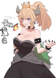  armlet black_dress black_nails blonde_hair blue_eyes bobby_(paper_mario) bowser_jr. bowsette bracelet breasts breath_weapon breathing_fire brooch cleavage collar collarbone covered_navel crown dress earrings female fingernails fire grin hand_on_own_hip highres horns jewelry kamek large_breasts long_hair looking_afar mario_(series) nail_polish new_super_mario_bros._u_deluxe olivia_(paper_mario) paper_mario paper_mario:_the_origami_king ponytail sharp_fingernails sharp_teeth simple_background smile spiked_armlet spiked_bracelet spiked_collar spiked_shell spikes strapless strapless_dress sumiyao_(amam) super_crown teeth translation_request white_background 