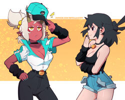  2girls aqua_nails baseball_cap bell belt black_eyes black_hair black_nails black_pants black_tank_top blue_shorts blush breasts brown_horns cleavage colored_skin commentary cowboy_shot earrings english_commentary hand_on_own_hip hand_up hat high-waist_pants high-waist_shorts highres horns jewelry large_breasts lucia_(scott_malin) meisha_(scott_malin) multiple_girls narrow_waist neck_bell oerba_yun_fang orange_background original pants pointy_ears ponytail red_skin scott_malin shadow shirt shirt_tucked_in short_sleeves shorts tank_top watermark web_address white_hair white_shirt yellow_eyes 