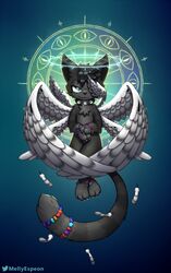  angel angelic beaded_jewelry beads black_body black_fur collar domestic_cat feathered_wings feathers felid feline felis feral flying fur green_eyes halo hi_res holy jewelry kandi_(jewelry) male mammal mellyespeon solo spiked_collar spikes wings 