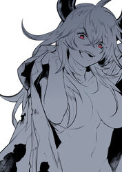  :d ahoge breasts cloak commentary_request crossed_bangs draph female granblue_fantasy hair_over_breasts hands_up hibitono holding horns large_breasts long_hair looking_at_viewer monochrome naked_cloak navel nude open_mouth red_eyes simple_background smile solo spot_color threo_(granblue_fantasy) upper_body white_background 