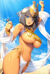  arm_up armpits black_hair blue_eyes blue_sky blunt_bangs bracelet breasts clenched_hand curvy day egyptian_clothes female glint groin headgear jewelry large_breasts looking_at_viewer medium_hair menace_(queen&#039;s_blade) menace_(queen&#039;s_blade_unlimited) navel non-web_source official_art oosaki_shin&#039;ya open_mouth outdoors panties pelvic_curtain queen&#039;s_blade queen&#039;s_blade_unlimited queen&#039;s_blade_white_triangle revealing_clothes ring setra shawl sky solo striped_clothes striped_panties tan underboob underwear 