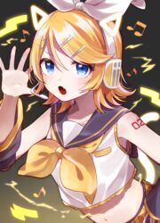  animal_ears arm_warmers bare_shoulders belt black_sailor_collar black_sleeves blonde_hair blue_eyes bow cat_ears cat_tail commentary crop_top eighth_note fangs female glowing_ears glowing_tail hair_ornament hairbow hairclip hand_on_own_hip hand_up headphones headset highres hologram kagamine_rin leaning_forward looking_at_viewer midriff musical_note navel neckerchief number_tattoo open_mouth outstretched_hand sailor_collar school_uniform shirt short_hair shoulder_tattoo skin_fangs sleeveless sleeveless_shirt soramame_pikuto swept_bangs tail tattoo upper_body vocaloid white_bow white_shirt yellow_neckerchief 