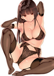  armpits arms_behind_head arms_up black_bra black_gloves black_panties bra breasts brown_hair cleavage closed_mouth collarbone commentary_request elbow_gloves female floral_print full_body garter_belt gloves large_breasts lingerie lips long_hair looking_at_viewer navel original panties red_eyes saburou_(hgmg) shiny_skin simple_background sitting solo stomach thighhighs thighs underwear underwear_only 