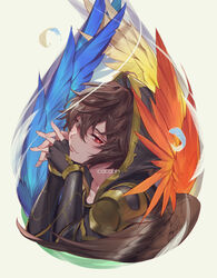  1boy armor beige_background black_gloves blue_wings brown_hair brown_wings commentary_request elbow_gloves feathers fingerless_gloves from_side gloves granblue_fantasy head_tilt highres hood hood_up interlocked_fingers looking_at_viewer male_focus multicolored_wings multiple_wings orange_wings own_hands_together pauldrons photoshop_(medium) red_eyes sandalphon_(granblue_fantasy) shoulder_armor simple_background smile solo tekki_(tki) upper_body wings yellow_wings 