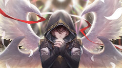  1boy armor black_gloves blurry blurry_background brown_hair elbow_gloves feathered_wings feathers fingerless_gloves gloves granblue_fantasy hair_between_eyes hands_up highres hood hood_up looking_at_hands looking_away male_focus multiple_wings own_hands_together pauldrons photoshop_(medium) praying red_eyes red_ribbon ribbon sandalphon_(granblue_fantasy) shoulder_armor solo tekki_(tki) upper_body wings 