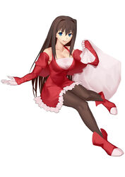  absurdres alternate_costume ankle_boots aozaki_aoko bare_shoulders blue_eyes boots breasts brown_hair capelet cleavage commentary_request cqqz0707 female highres large_breasts long_hair looking_at_viewer mahou_tsukai_no_yoru pantyhose red_capelet sack santa_costume sleeves_past_wrists smile solo white_background 