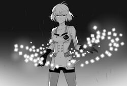  blunt_bangs bob_cut breasts collarbone commentary_request cowboy_shot crack cube dripping female floating floating_object gloves glowing gradient_background greyscale hibitono injury long_sleeves looking_at_viewer monochrome nasu_rei nasu_squad&#039;s_uniform outstretched_hand pantyhose pantyhose_under_shorts rain short_hair shorts smile solo wet wet_hair world_trigger 