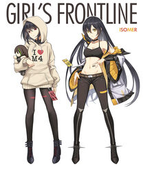  2girls abs alternate_costume ark_john_up barcode barcode_tattoo breasts character_doll cleavage commentary copyright_name english_commentary english_text girls&#039;_frontline hood hooded_jacket hoodie isomer_(girls&#039;_frontline) isomer_hivemind_(girls&#039;_frontline) jacket long_hair m4a1_(girls&#039;_frontline) midriff multiple_girls navel nyto_(girls&#039;_frontline) pants pantyhose paradeus photoshop_(medium) sports_bra stuffed_toy tattoo white_background 