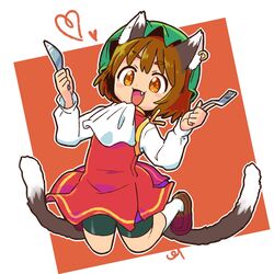  :d animal_ear_piercing animal_ears bib brown_eyes brown_hair cat_ears cat_tail chen dress female full_body gold_trim hat heart highres mob_cap multiple_tails nekomata oerba_yun_fang open_mouth pmx red_dress short_hair shorts smile solo tail touhou two_tails 