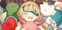  ahoge bad_id bad_pixiv_id banababa blonde_hair closed_eyes female futaba_anzu heart heart-shaped_pillow idolmaster idolmaster_cinderella_girls lying on_back pillow sleep_mask sleeping solo stuffed_animal stuffed_cat stuffed_dinosaur stuffed_rabbit stuffed_toy twintails upper_body 